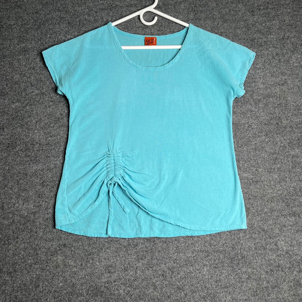 Oh My Gauze! Blue Cotton Ruched Side Tie Top Short Sleeve Women Size 1